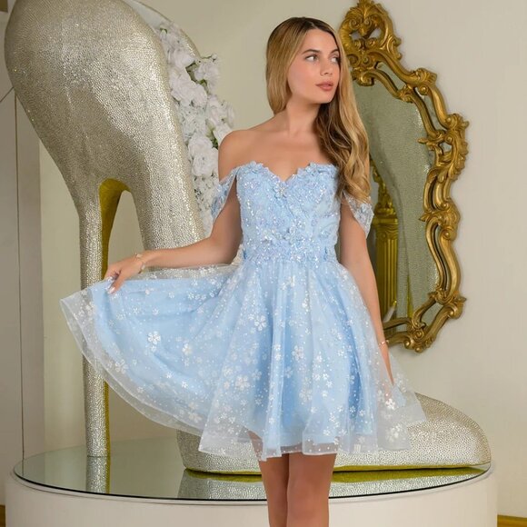 New Off Shoulder Mini Mesh Baby Doll Dress w/ Butterfly Appqliue & Sequins GS368 - Picture 4 of 9
